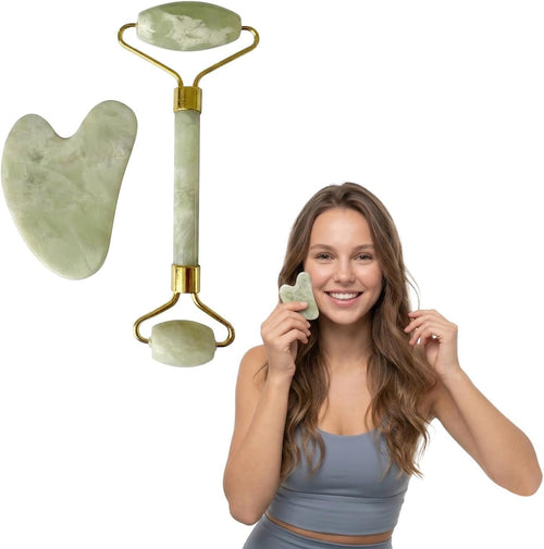 Set Jade Roller & Gua Sha – Masseur Visage Anti-Poches & Éclat - Glowy